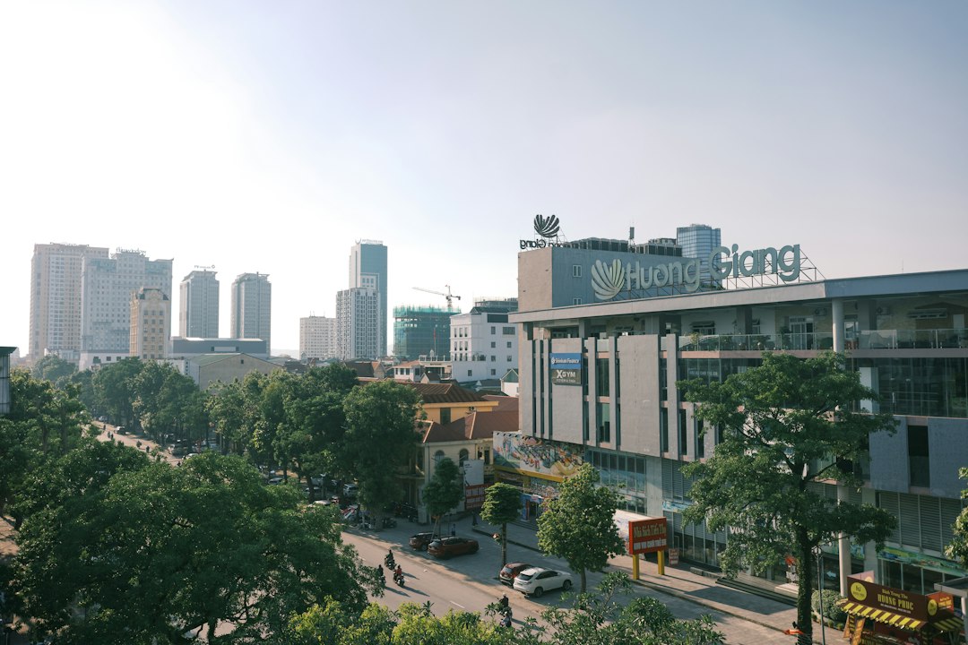 A city street with trees and buildings under a bright hazy sky